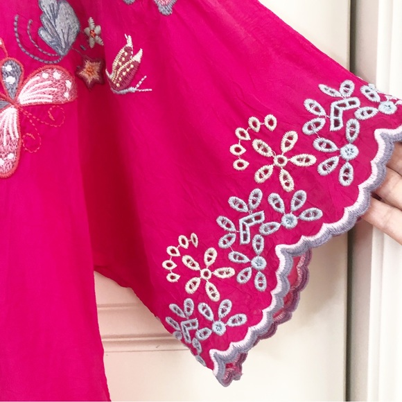 Johnny Was | Butterfly & Floral Embroidered Pink Short Sleeve Bellona Blouse - Picture 5 of 11